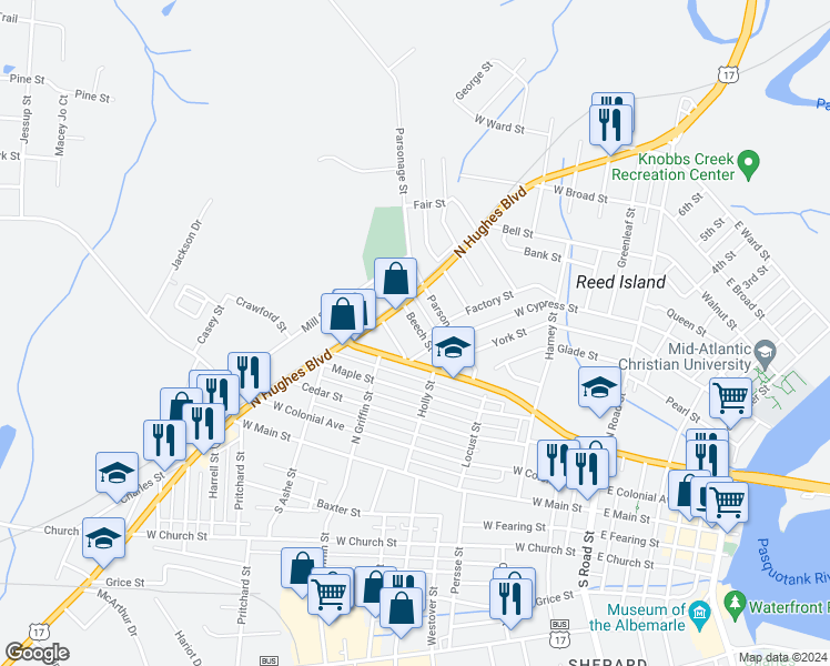 map of restaurants, bars, coffee shops, grocery stores, and more near 811 Beech Street in Elizabeth City