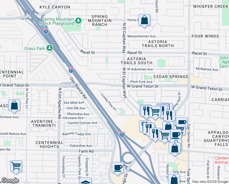 map of restaurants, bars, coffee shops, grocery stores, and more near 8821 West Colorful Pines Avenue in Las Vegas