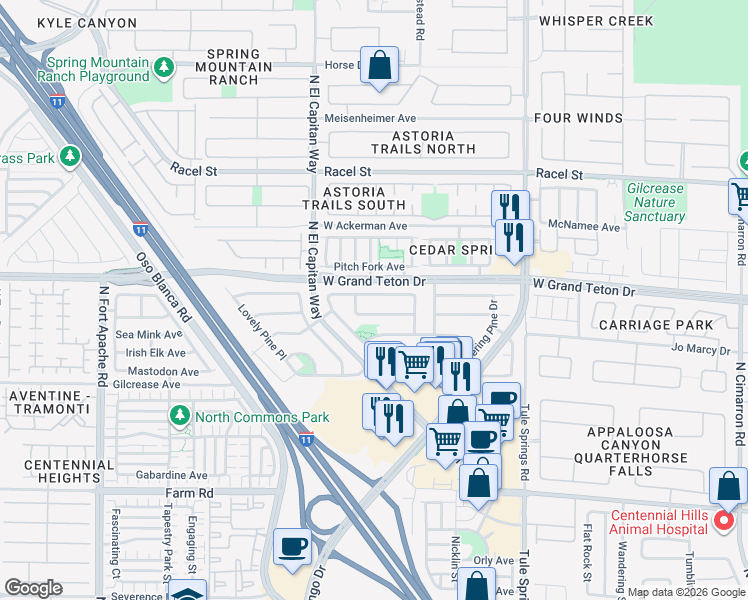 map of restaurants, bars, coffee shops, grocery stores, and more near 8708 West Majestic Pine Avenue in Las Vegas