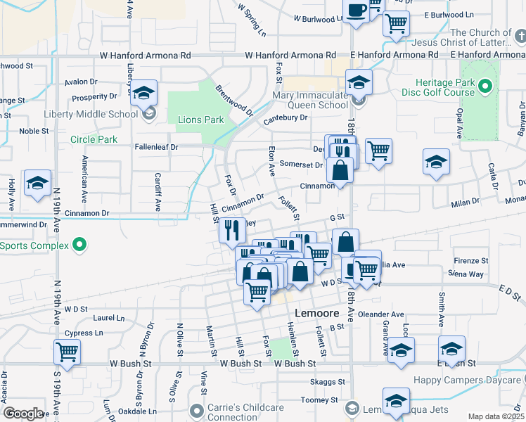 map of restaurants, bars, coffee shops, grocery stores, and more near 335 Cinnamon Drive in Lemoore