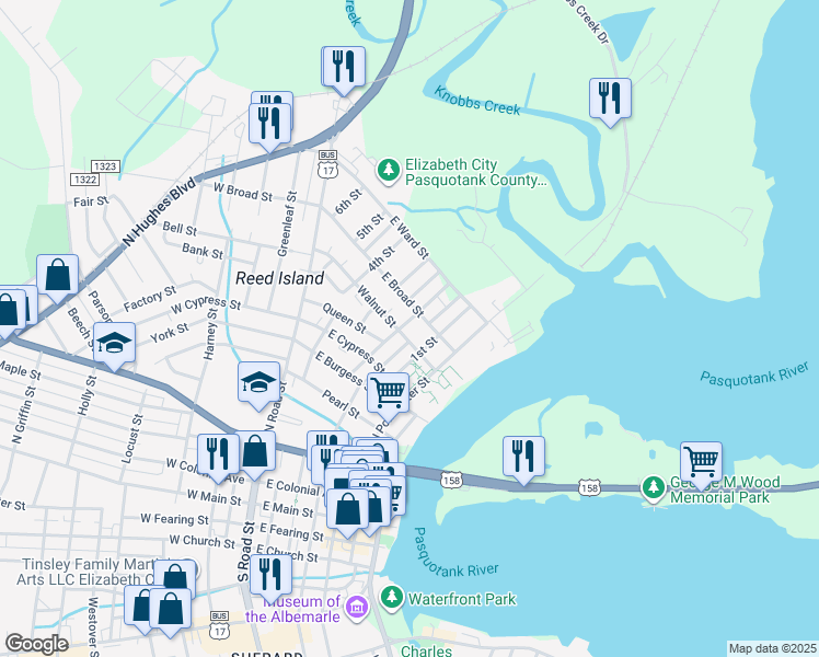 map of restaurants, bars, coffee shops, grocery stores, and more near 804 2nd Street in Elizabeth City