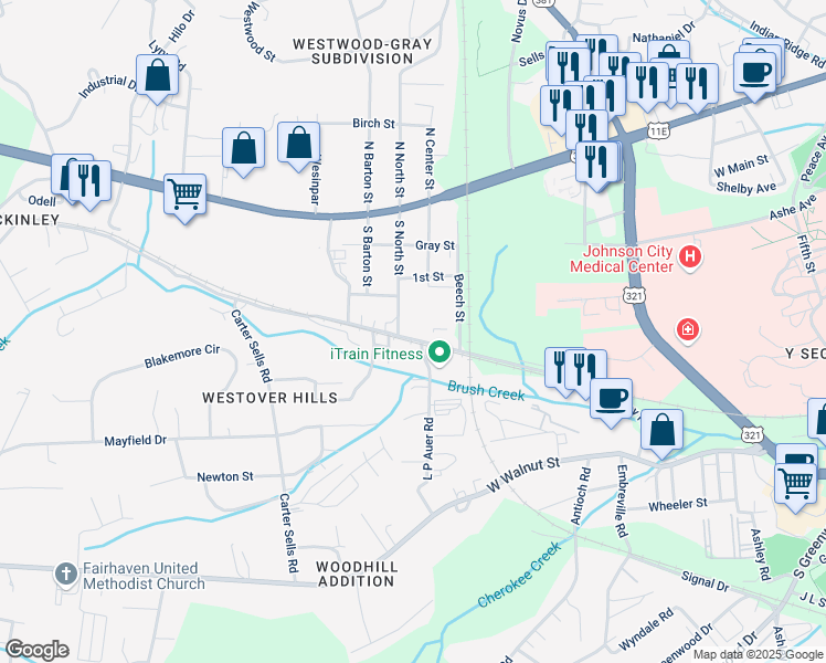 map of restaurants, bars, coffee shops, grocery stores, and more near 2512 McKinley Road in Johnson City
