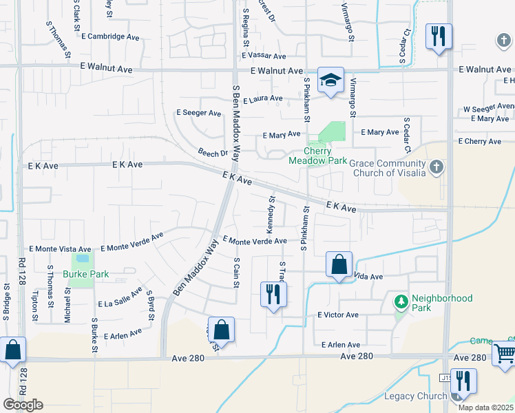 map of restaurants, bars, coffee shops, grocery stores, and more near 1805 East Country Court in Visalia