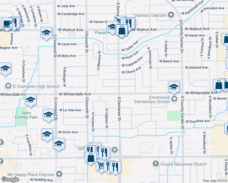 map of restaurants, bars, coffee shops, grocery stores, and more near 3730 West Whitendale Avenue in Visalia