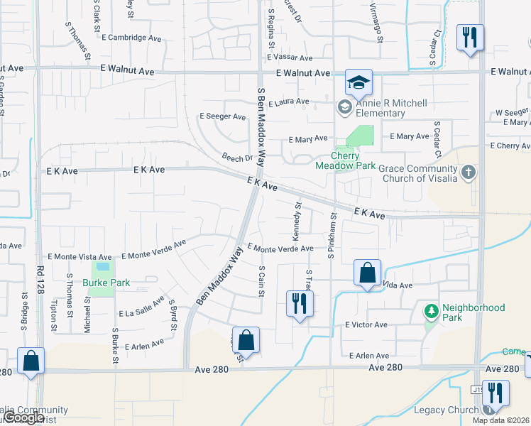 map of restaurants, bars, coffee shops, grocery stores, and more near 2600-2940 Ben Maddox Way in Visalia