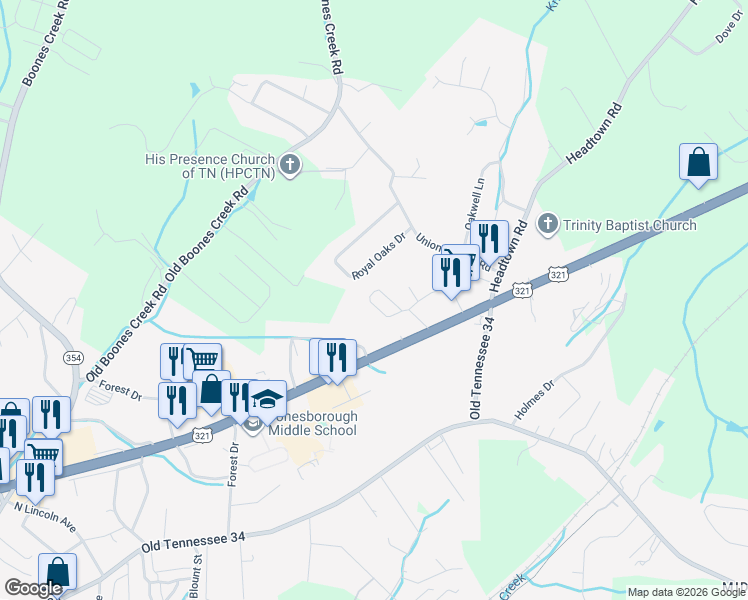map of restaurants, bars, coffee shops, grocery stores, and more near 184 Baileigh Lyn Loop in Jonesborough