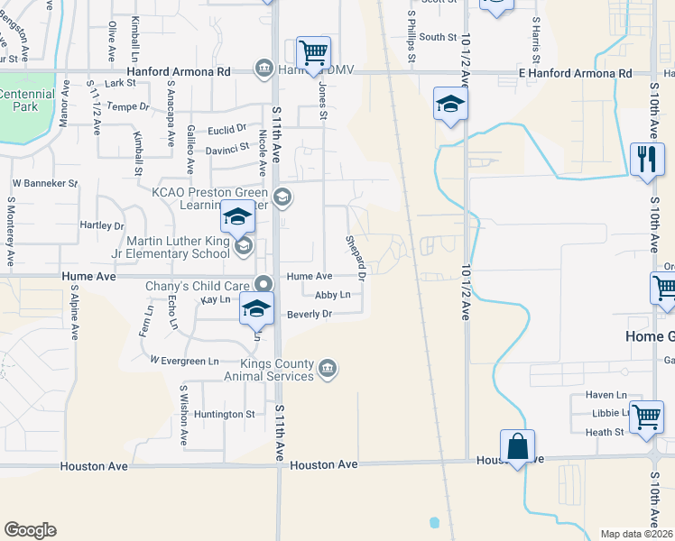 map of restaurants, bars, coffee shops, grocery stores, and more near 10840 Hume Avenue in Hanford