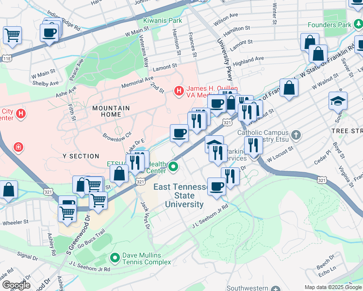 map of restaurants, bars, coffee shops, grocery stores, and more near 2008 Millennium Place in Johnson City