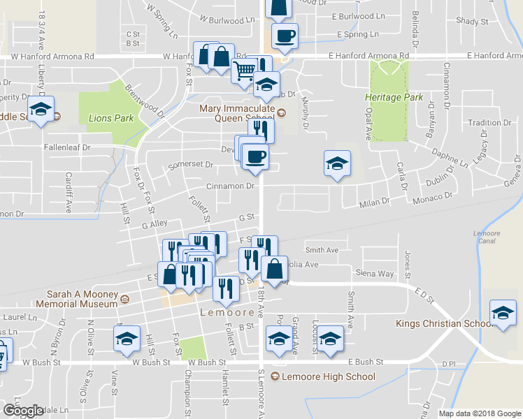 map of restaurants, bars, coffee shops, grocery stores, and more near 662 18th Avenue in Lemoore
