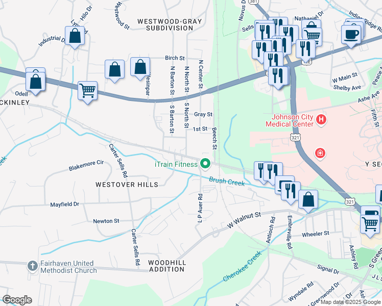 map of restaurants, bars, coffee shops, grocery stores, and more near 2512 McKinley Road in Johnson City
