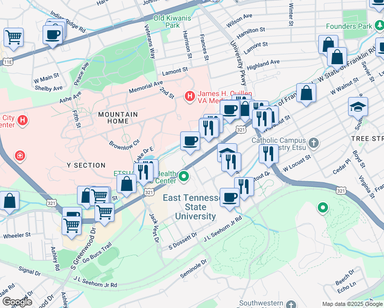 map of restaurants, bars, coffee shops, grocery stores, and more near 2008 Millenium Place in Johnson City
