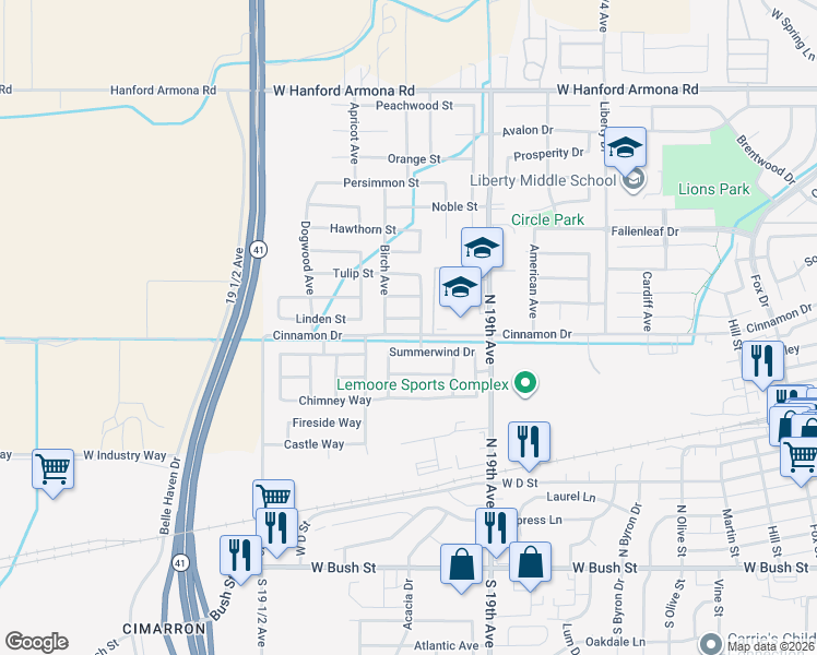 map of restaurants, bars, coffee shops, grocery stores, and more near 1421 Bay Street in Lemoore