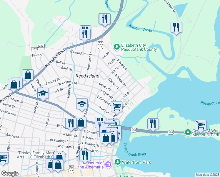 map of restaurants, bars, coffee shops, grocery stores, and more near 300 Queen Street in Elizabeth City