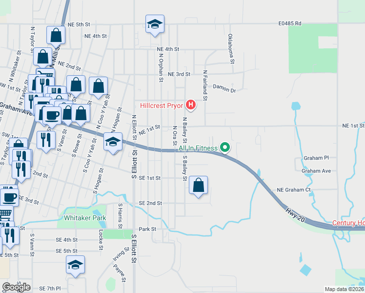 map of restaurants, bars, coffee shops, grocery stores, and more near 4 North Bailey Street in Pryor