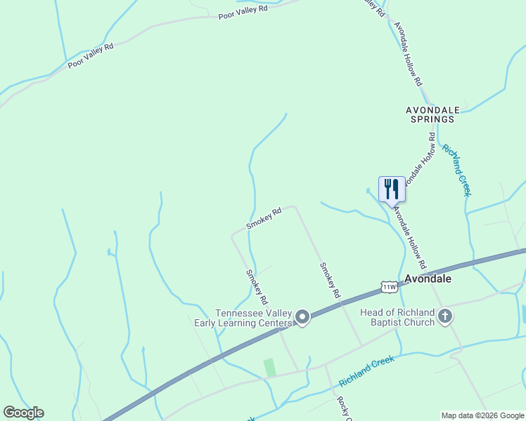 map of restaurants, bars, coffee shops, grocery stores, and more near 493 Smokey Road in Rutledge