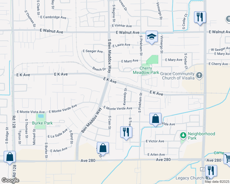 map of restaurants, bars, coffee shops, grocery stores, and more near 1805 East Country Court in Visalia