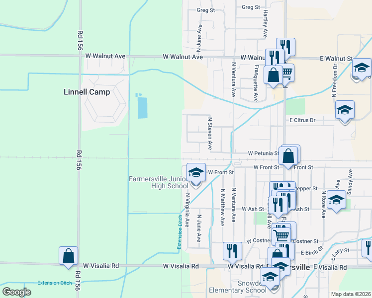 map of restaurants, bars, coffee shops, grocery stores, and more near 956 West Petunia Street in Farmersville