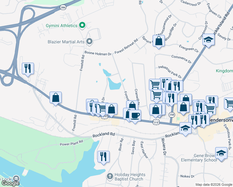 map of restaurants, bars, coffee shops, grocery stores, and more near 127 Forest Retreat Road in Hendersonville