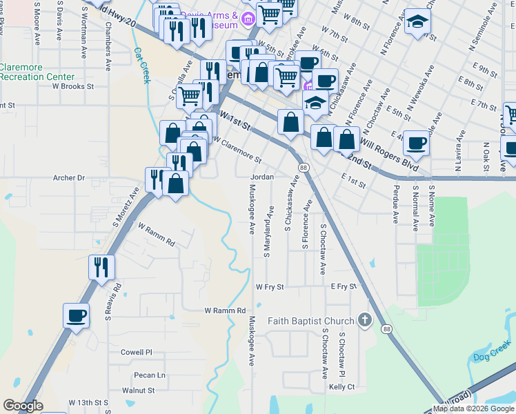 map of restaurants, bars, coffee shops, grocery stores, and more near 530 S Muskogee Ave in Claremore