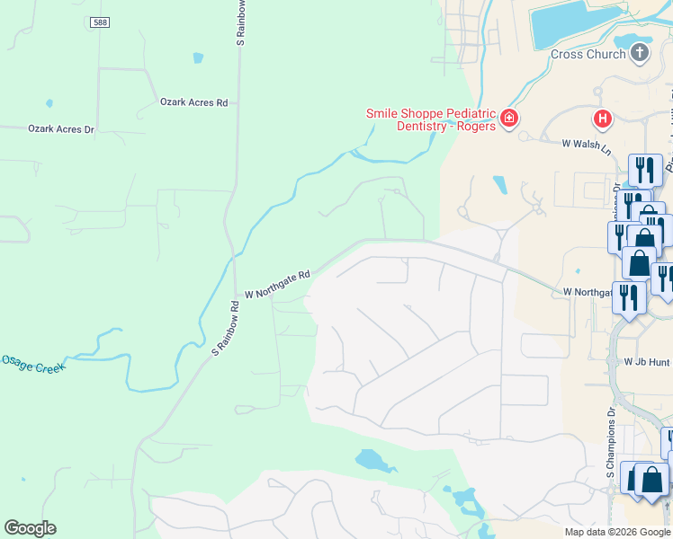 map of restaurants, bars, coffee shops, grocery stores, and more near 39 West Nottingham Lane in Rogers