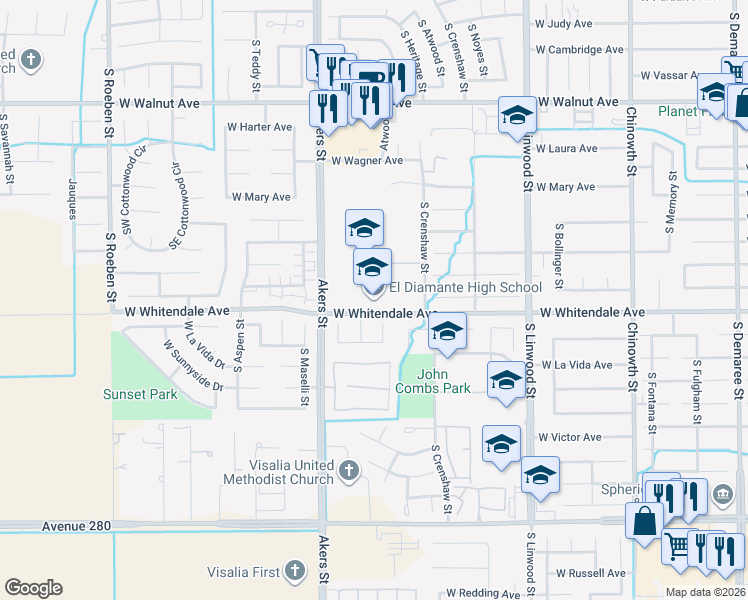 map of restaurants, bars, coffee shops, grocery stores, and more near 5100 West Whitendale Avenue in Visalia
