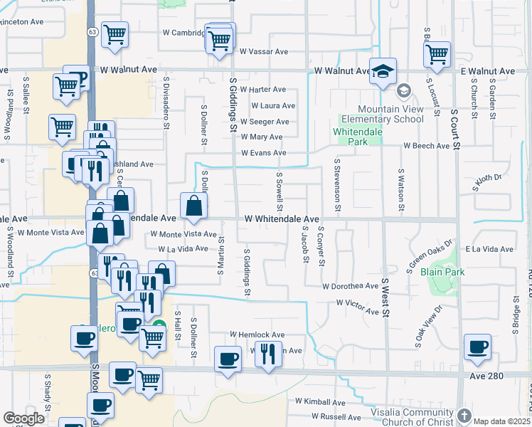 map of restaurants, bars, coffee shops, grocery stores, and more near 1122 West Whitendale Avenue in Visalia