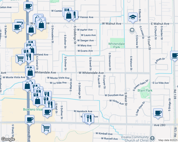 map of restaurants, bars, coffee shops, grocery stores, and more near 2737 South Sowell Street in Visalia