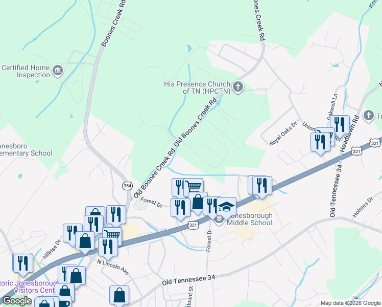 map of restaurants, bars, coffee shops, grocery stores, and more near 939 Old Boones Creek Road in Jonesborough