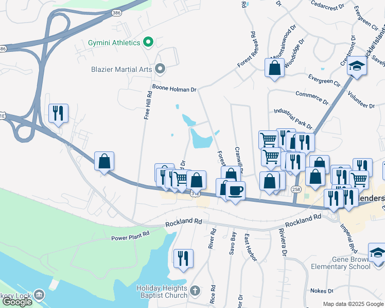 map of restaurants, bars, coffee shops, grocery stores, and more near 118 Mallard Drive in Hendersonville