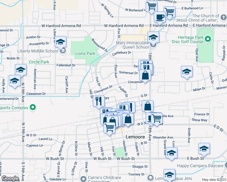 map of restaurants, bars, coffee shops, grocery stores, and more near 335 Cinnamon Drive in Lemoore