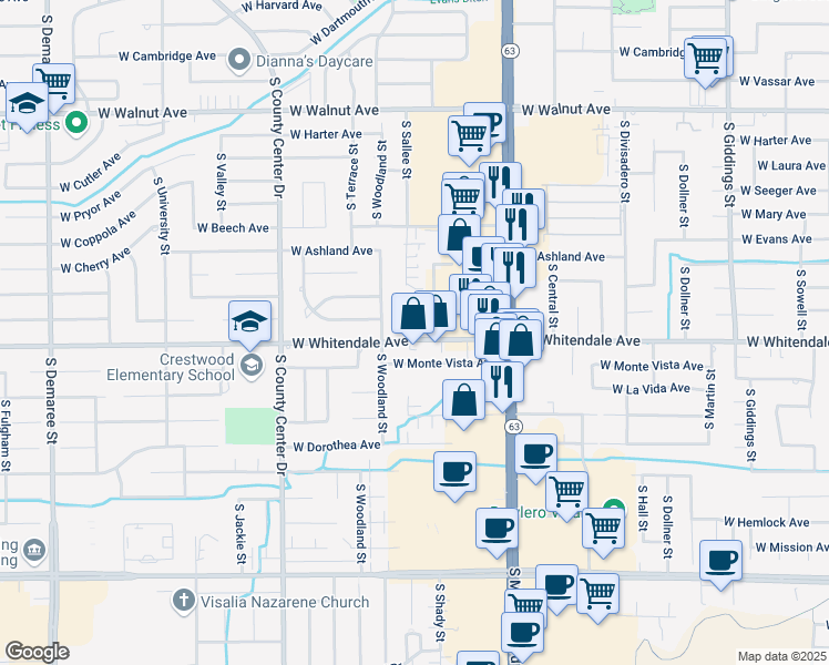 map of restaurants, bars, coffee shops, grocery stores, and more near 2424 West Whitendale Avenue in Visalia