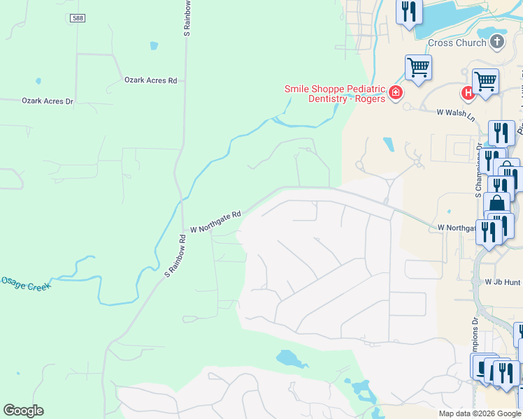 map of restaurants, bars, coffee shops, grocery stores, and more near 39 West Nottingham Lane in Rogers