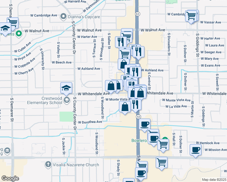 map of restaurants, bars, coffee shops, grocery stores, and more near 2424 West Whitendale Avenue in Visalia