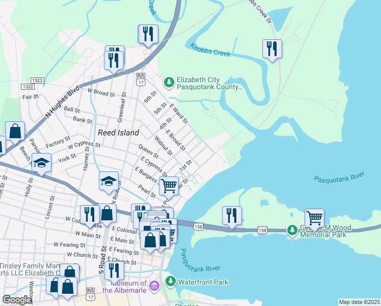 map of restaurants, bars, coffee shops, grocery stores, and more near 406 E Broad St in Elizabeth City