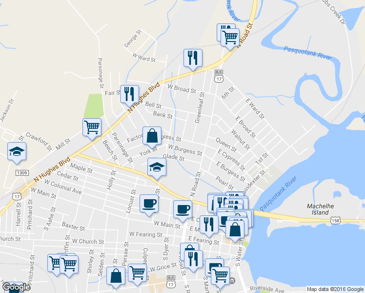 map of restaurants, bars, coffee shops, grocery stores, and more near 206 West Burgess Street in Elizabeth City