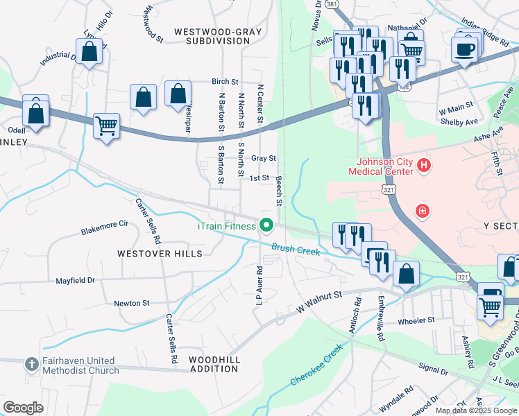 map of restaurants, bars, coffee shops, grocery stores, and more near 2512 McKinley Road in Johnson City