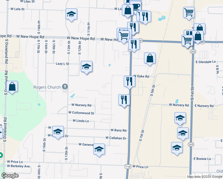 map of restaurants, bars, coffee shops, grocery stores, and more near 2122 South 9th Street in Rogers