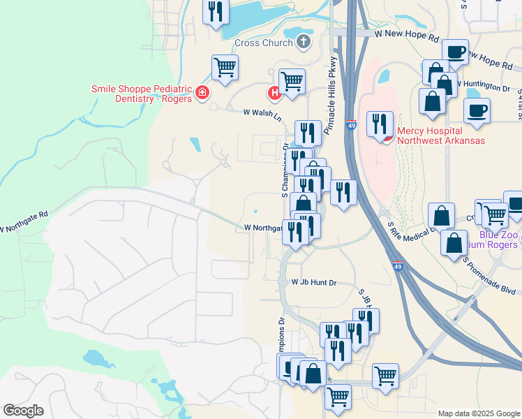 map of restaurants, bars, coffee shops, grocery stores, and more near 5335-5605 West Northgate Road in Rogers