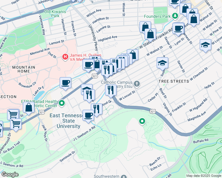 map of restaurants, bars, coffee shops, grocery stores, and more near 816 University Parkway in Johnson City