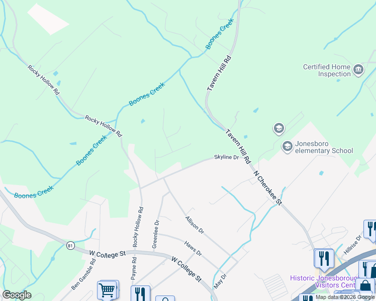 map of restaurants, bars, coffee shops, grocery stores, and more near 1265 Skyline Drive in Jonesborough