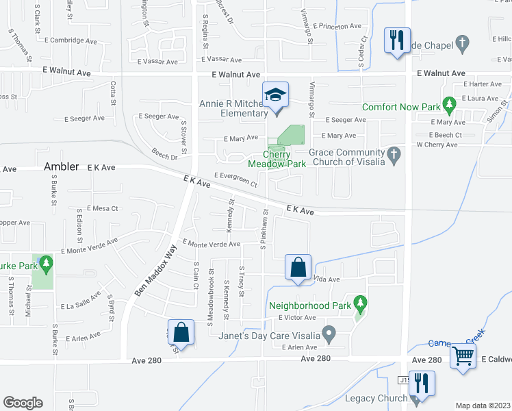 map of restaurants, bars, coffee shops, grocery stores, and more near 2012 East Country Court in Visalia