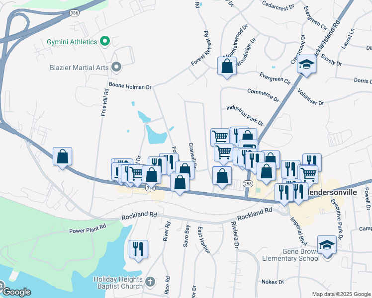 map of restaurants, bars, coffee shops, grocery stores, and more near 170 Cranwill Drive in Hendersonville