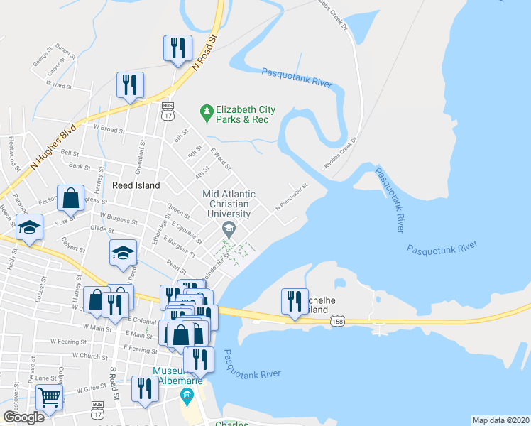 map of restaurants, bars, coffee shops, grocery stores, and more near 917 North Poindexter Street in Elizabeth City