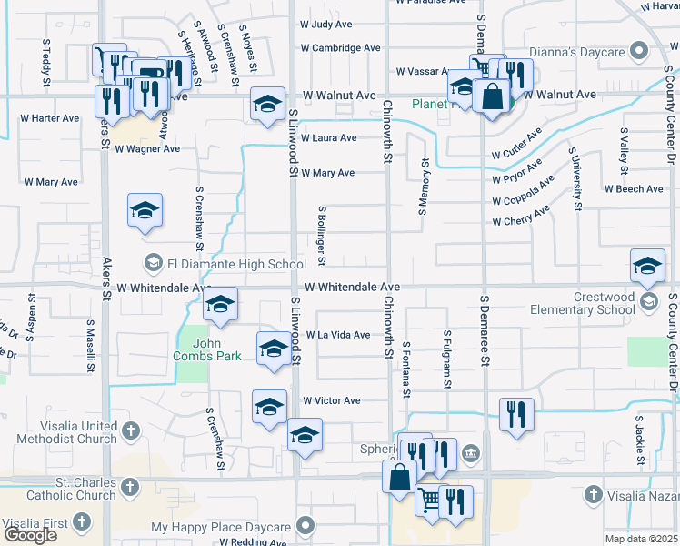 map of restaurants, bars, coffee shops, grocery stores, and more near 4305 West Country Avenue in Visalia