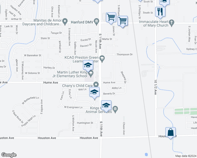 map of restaurants, bars, coffee shops, grocery stores, and more near 1468 South 11th Avenue in Hanford