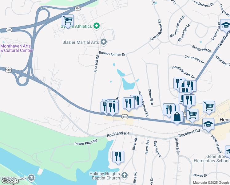 map of restaurants, bars, coffee shops, grocery stores, and more near 118 Mallard Drive in Hendersonville