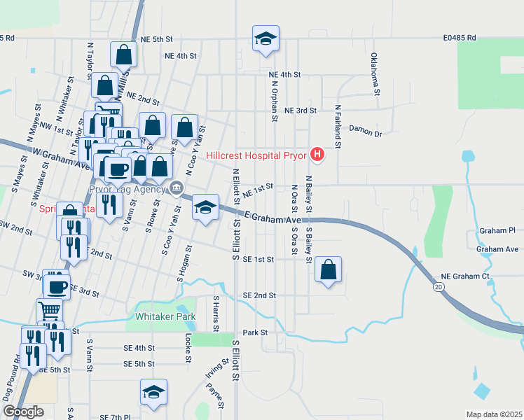 map of restaurants, bars, coffee shops, grocery stores, and more near 13 North Indianola Street in Pryor