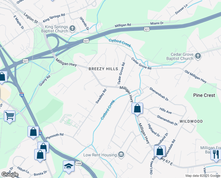map of restaurants, bars, coffee shops, grocery stores, and more near 1006 Milligan Highway in Johnson City