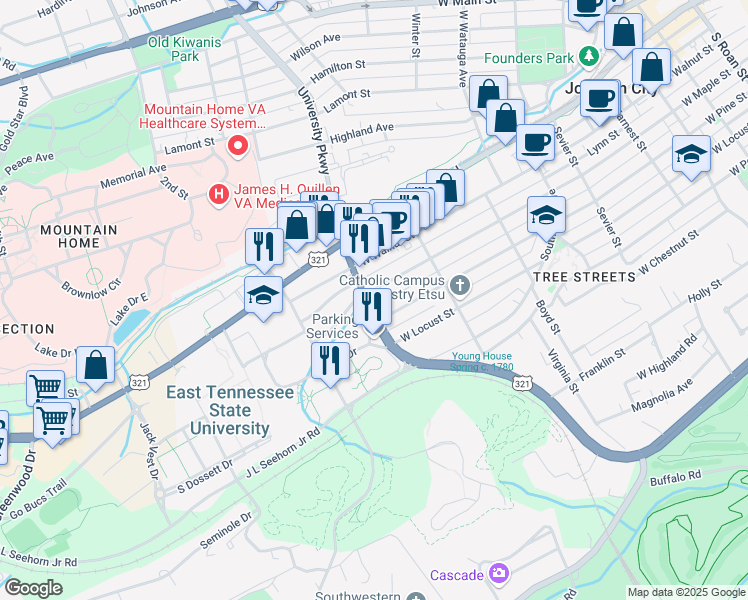 map of restaurants, bars, coffee shops, grocery stores, and more near 816 University Parkway in Johnson City