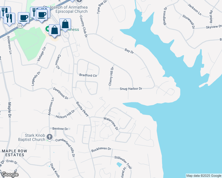 map of restaurants, bars, coffee shops, grocery stores, and more near 203 Snug Harbor Drive in Hendersonville